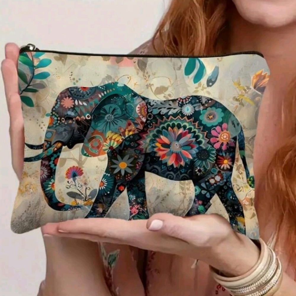 Boho Floral Elephant Print Clutch Zipper Purse Pouch